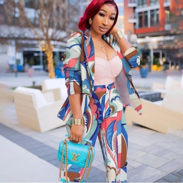 

ethnic clothing print high street two piece set for women notched long sleeve blazer waist pants hit color casual sets female, Red