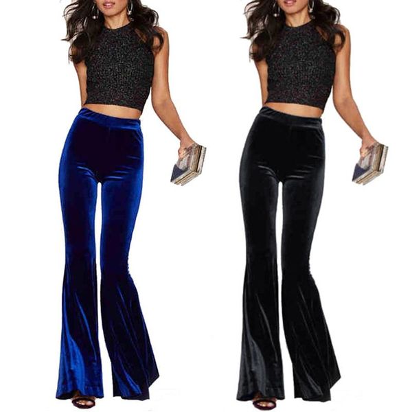 

women's pants & capris fall winter 2021 women solid color velvet long flared high-rise tight-fitting elastic waist wide-hem trousers, Black;white
