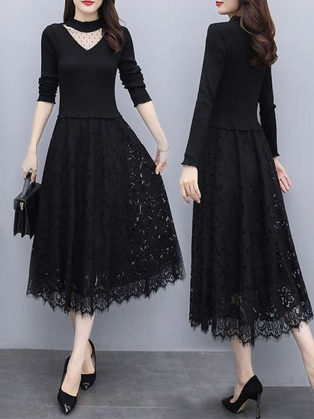 

black bottomed dress in winter with 2021 autumn dress, slim waist, lace stitching, medium and long fashion skirt, White;black