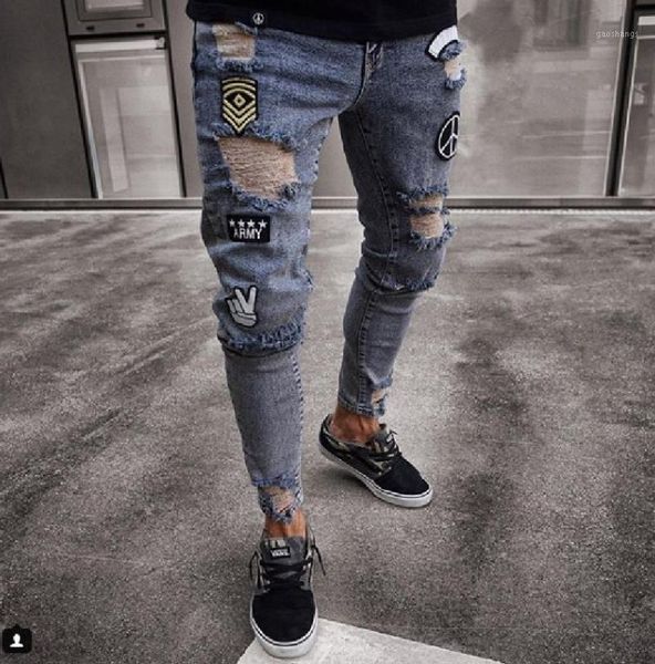 

men stylish ripped jeans biker slim straight frayed denim trousers fashion skinny pants1, Blue