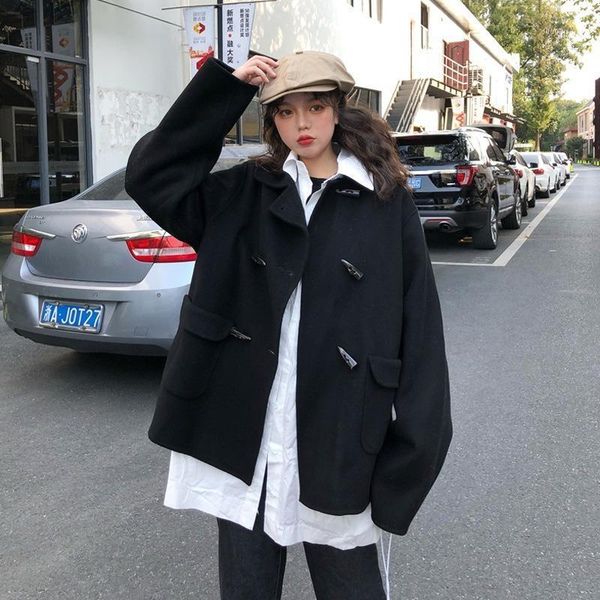 

women's wool & blends red lapel elegant loose korean woolen coat ox horn button kawaii thick coats short autumn winter cute overcoat, Black