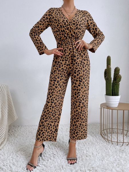 

allover leopard print wrap jumpsuit t3qs#, White