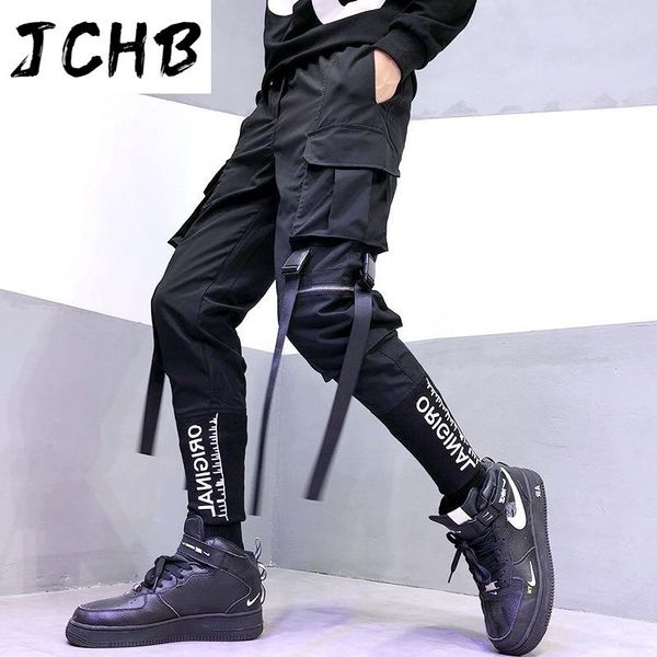 

men's pants men fashion hip-hop streetwear ribbon overalls leisure pocket elastic waist trousers sweatpants, Black