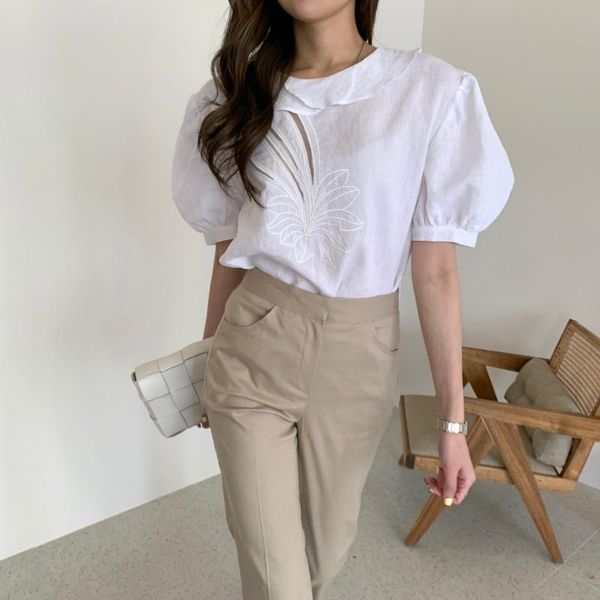 

women's blouses & shirts korean style lotus embroidery shirt femme 2021 ol women chic lapel puff sleeve solid loose white