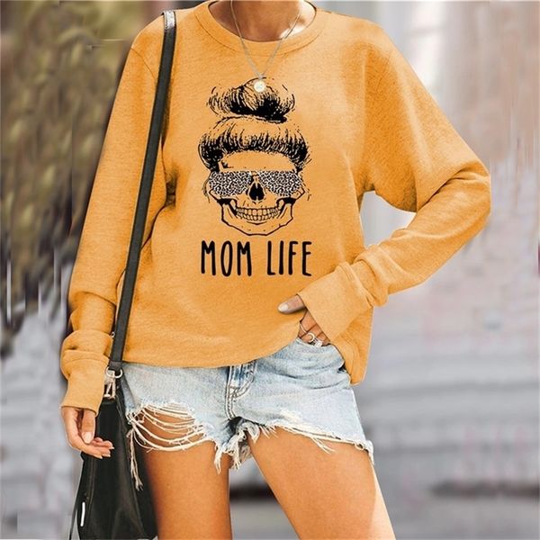 

momlife letter printing crewneck sweatshirt fall women hoodies fashion leopard glasses skull jumper womens clothing 201126, Black
