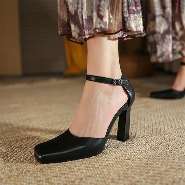 

pxelena new genuine leather/horse hair strange high heels sandals women ankle strap square toe party date dress shoes 34-43, Black