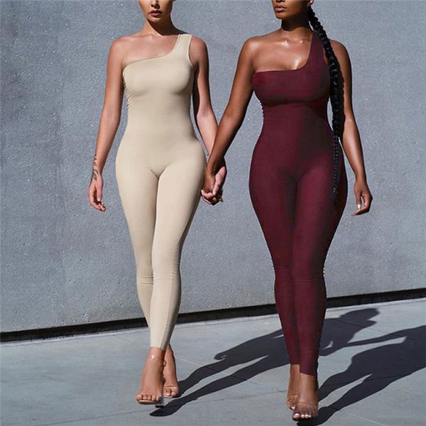 

off shoulder single strap women jumpsuit rompers 2020 new solid color bodycon sports jumpsuit long pants summer outwear, Black;white