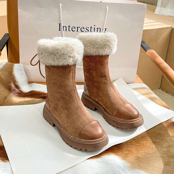 

designer new women's snow martin winter 2020 fur mid integrated barrel thickened short boots plush cotton shoes, White;red