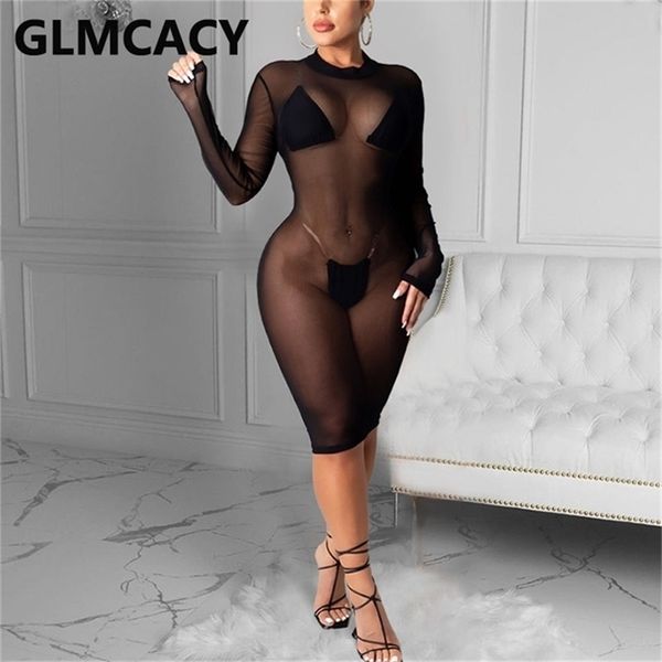 

women long sleeve mesh sheer bodycon dress 211023, Black;gray