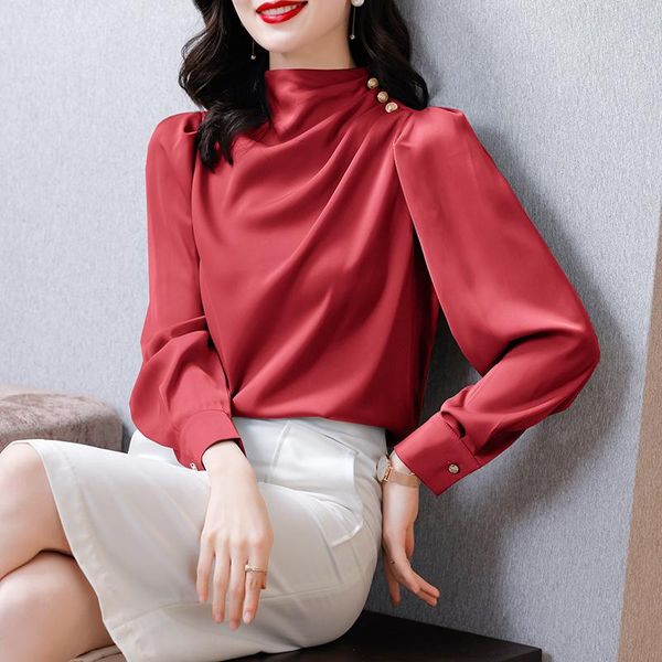 

women's blouses & shirts autumn women blouse silk solid for office lady folds stand neck clothing woman button up long sleeve basic, White