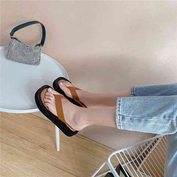 

dress shoes meotina flip flop slippers women natural genuine leather sandals flat platform round toe slides med heel ladies footwe, Black