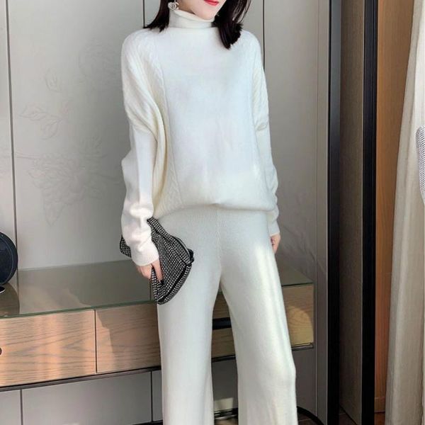 

women's knitted matching sets oversized solid turtleneck batwing sleeves pullover sweaters drawstring waist flare wide leg pants, White