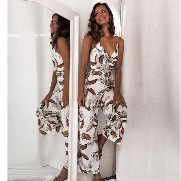 

women's jumpsuits & rompers beach bohemian women spaghetti strap summer jumpsuit printed casual wide leg, Black;white
