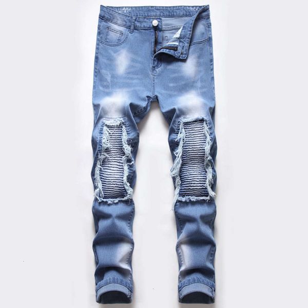

fashion brand slim zipper leg small straight tube wash men's jeans pants, Blue