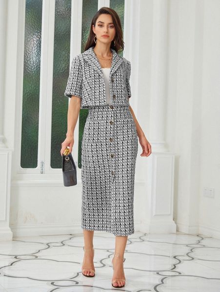 

notched collar geo tweed blazer and skirt set q2oh#, White