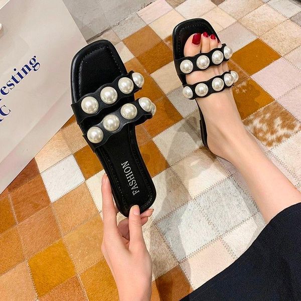 

slippers 2021 fashion brand party dresses shoes fulgurant pearl sandals thin belt roman flat women flip flops casual beach, Black