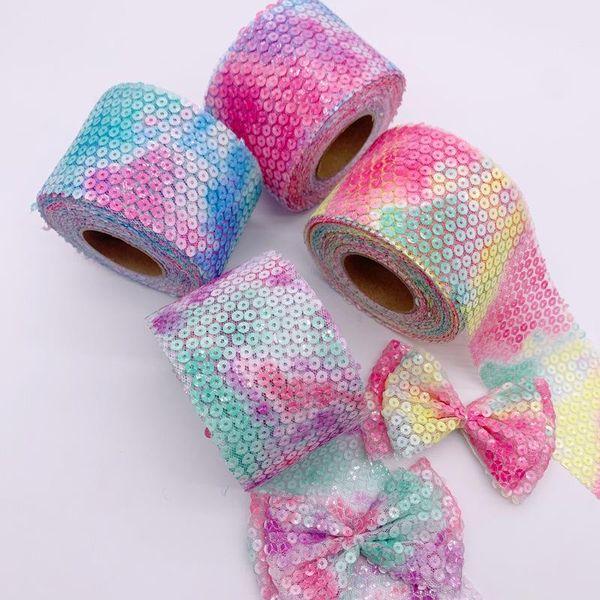 

jewelry pouches, bags tie-dye color 6cm*10 yards mesh cloth sequins embroidery diy children's hair ornaments bow accessories ribbon, Pink;blue