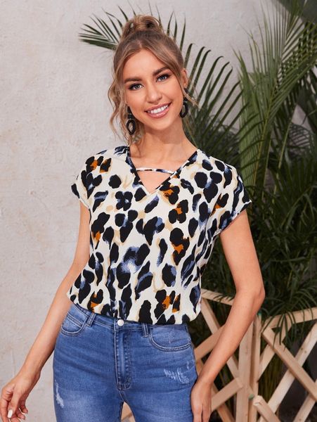 

all over print v neck blouse o7i6#, White