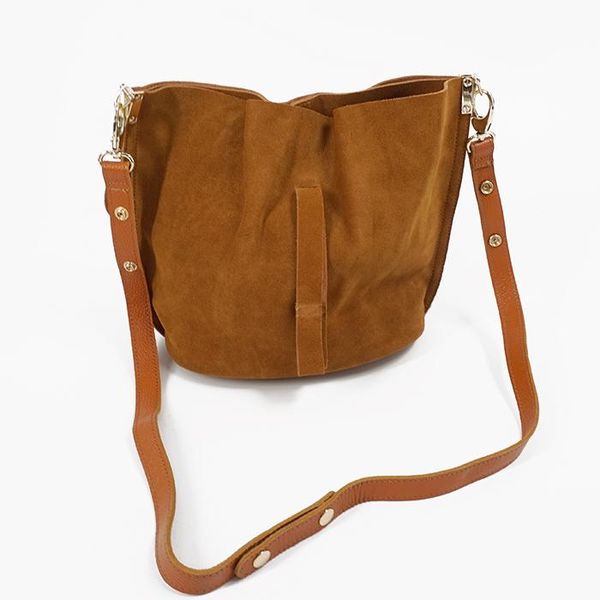 

2021 brown nubuck suede feminine over shoulder bag women real leather messenger bag casual vintage simple trendy bucket