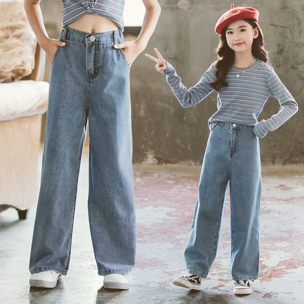 Mädchen Jeans mit weitem Bein, 3–13 Jahre alt, für Kinder, solide gerade Jeans, koreanische Freizeithose, Frühling und Herbst, Kinderkleidung 210317