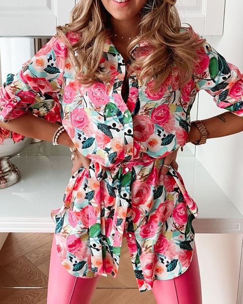 

casual dresses 2021 pink rose print lace-up shirt dress women, Black;gray