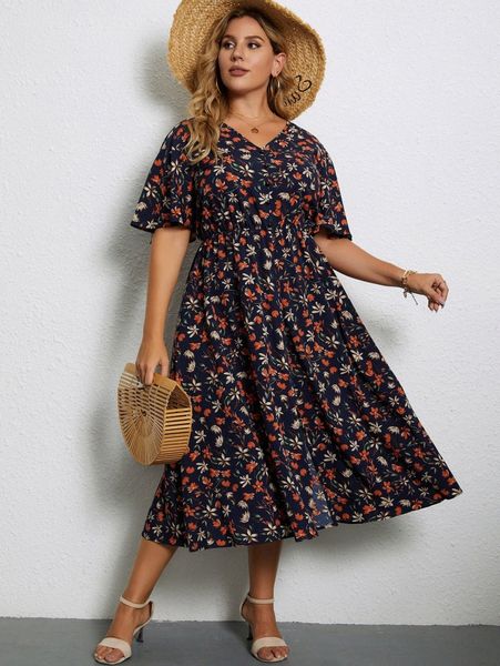 

plus allover floral print v neck dress d2e2#, Black