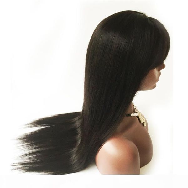 

human hair wigs with bangs virgin peruvian hair glueless lace front wigs with baby hair natural straight full lace wig with bangs, Black;brown