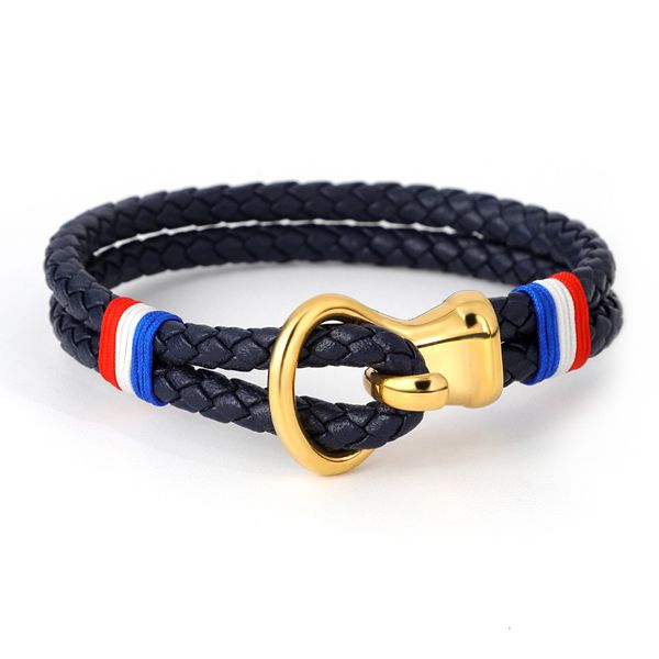 

bangles bracelets men's titanium steel bracelet stainless leather rope french flag design magnet clasp, Black