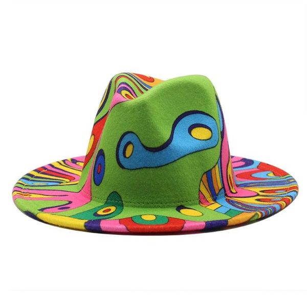 

wide brim hats graffiti printing fedoras hat womens flat no belt ladies trendy fashion mens felt fedora, Blue;gray