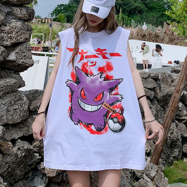 

2021 new sleeveless summer kawaii clothes funny womens harajuku shirts oversized japanese cartoon streetwear shirt clothing vest d2ls, White