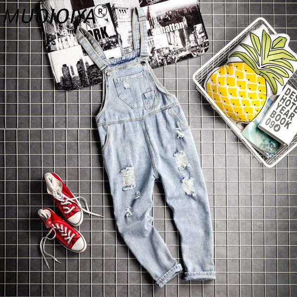

men's jeans ripped bib overalls jumpsuits streetwear distressed denim suspender pants for men spring summer clothes male rompers, Blue