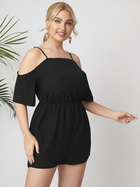

plus solid cold shoulder romper q8ww#, Black