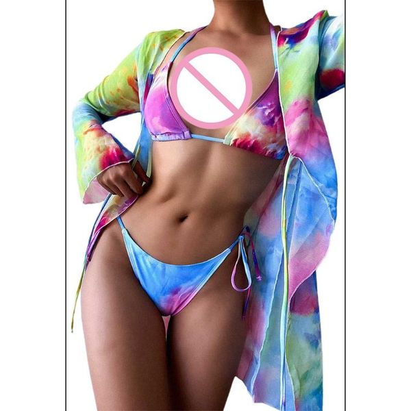 

tie-dye 3pcs swimsuit set women triangle bikini with long sleeve cardigan