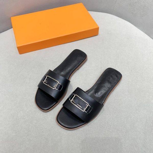 

h summer brand designer women flip flops slipper luxury fashion genuine leather slides sandals metal chain ladies casual shoes eu36-eu42, Black