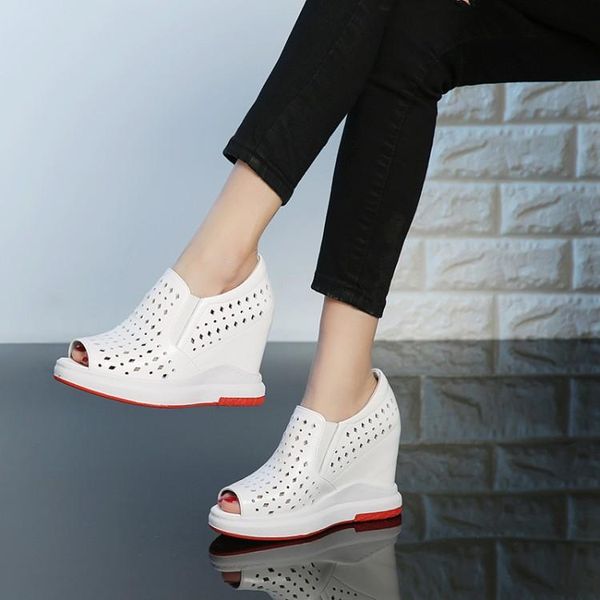 

dress shoes 2021 genuine leather womens wedges peep toe heels summer sandals lady platform high pumps, Black