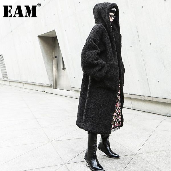 

women's jackets [eam] loose fit black lambswool thick oversized jacket hooded long sleeve women coat fashion tide spring autumn 2021 1d, Black;brown