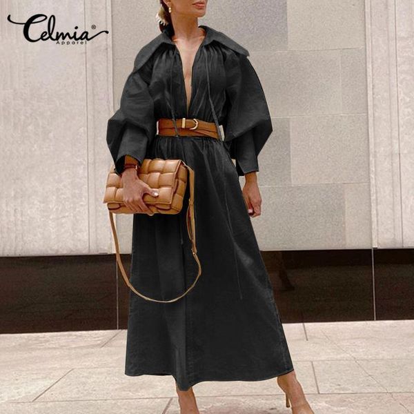 

casual dresses maxi long celmia women deep v lapel party dress 2021 fashion lantern sleeve vestidos solid, Black;gray