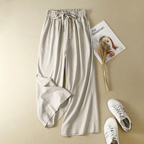 

women's pants & capris women cotton linen ankle-length 2021 summer vintage style elastic waist thin loose female casual wide leg s3780, Black;white