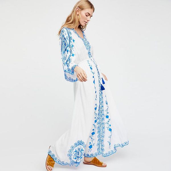 

casual dresses boho blue white embroidery maxi dress women v-neck ties waist cotton a-line summer long cardigan gypsies vestidos, Black;gray