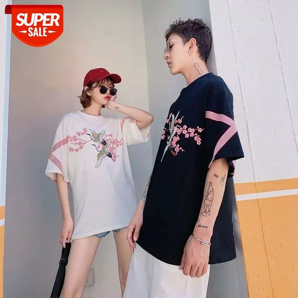 

2020 new summer couple short-sleeved t-shirt korean style ins flower printing men and women bf hip-hop student class service #es9j, White;black
