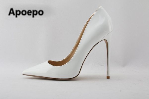 

brand white patent leather high heel shoes 2021 pointed toe woman pumps slip-on stiletto heels thin heels shoes 12cm/10cm, Black