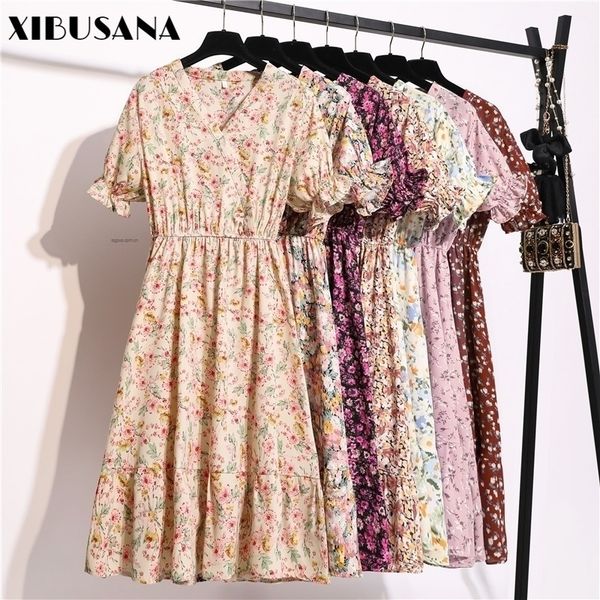 

women chiffon dress summer fashion female short sleeve vintage printed floral casual dresses v-neck a-line vestidos 210316, Black;gray