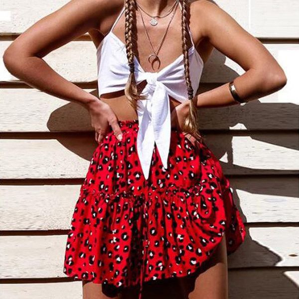 

2021 new red print cotton mini skirts women vintage ruffles elastic waist short summer skirt beach causal falda p0k8, Black