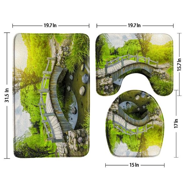 

bath mats japanese garden landscape mat set green tree bridge non-slip 3 piece bathroom decor rugs toilet cover lid u-shaped pad