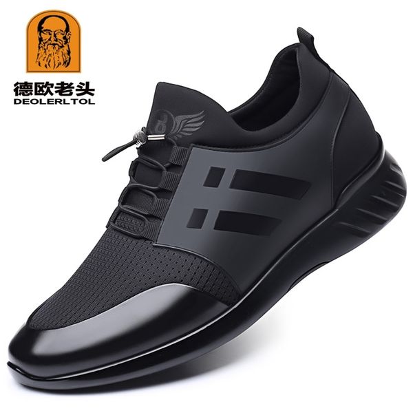 

men's shoes quality lycra+ cow leather brand 5cm increasing british summer black man casual height 220309