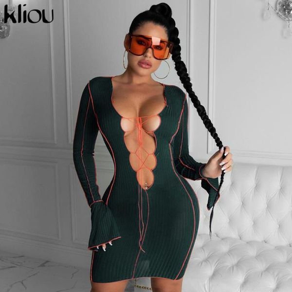 

casual dresses kliou hollow out bandage strap flare sleeve mini dress women v-neck lace up skinny ribbed bodycon autumn club party outf, Black;gray