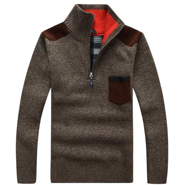 

winter mens pullover knitted sweater male wool fleece thick casual pullover patchwork warm pocket sweater standing collar 211221, White;black