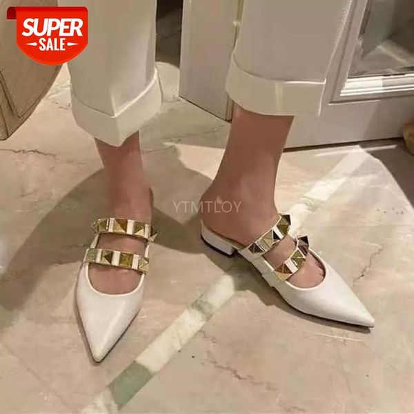 

shallow chunky heels mules women slipper leather pointed toe slide ladies slip on shoes black zapatillas mujer casa #z52n