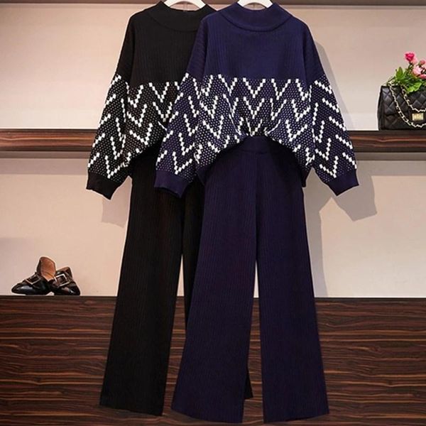 

women's two piece pants plus size knitted 2 set women fall winter waves pattern jacquard jumper sweaters + high waist wide knit, White