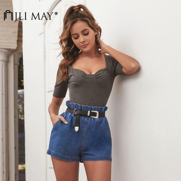 

women's jeans jli may womens denim shorts casual solid washed high elastic waist sashes summer straight loose, Blue